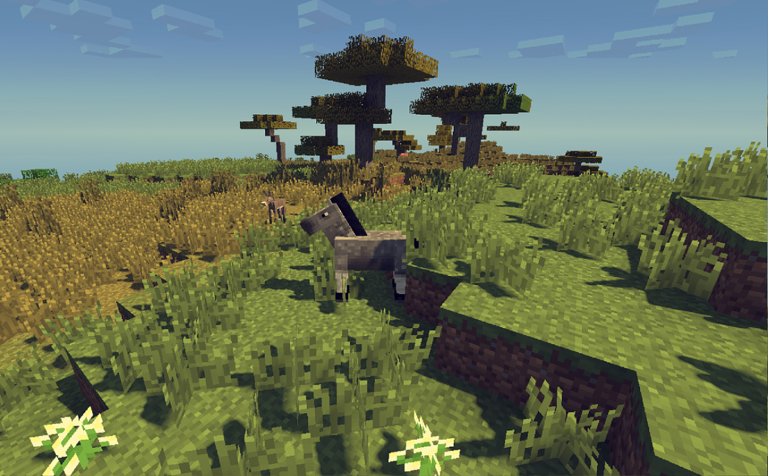 Minecraft landschap met paard en bomen.